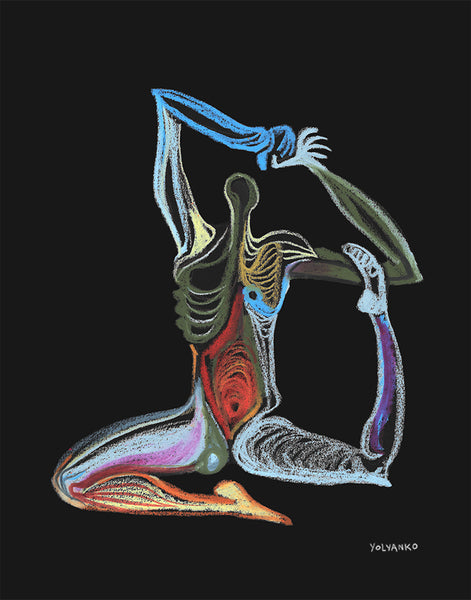 Art Print. Graphikasana, v, black background, backbends, Mermaid (Naginyasana), Art by Yolyanko