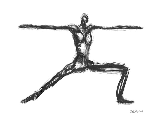 Art Print. Graphikasana, Balance. Warrior pose 2 (Virabhadrasana 2), black and white, Art by Yolyanko