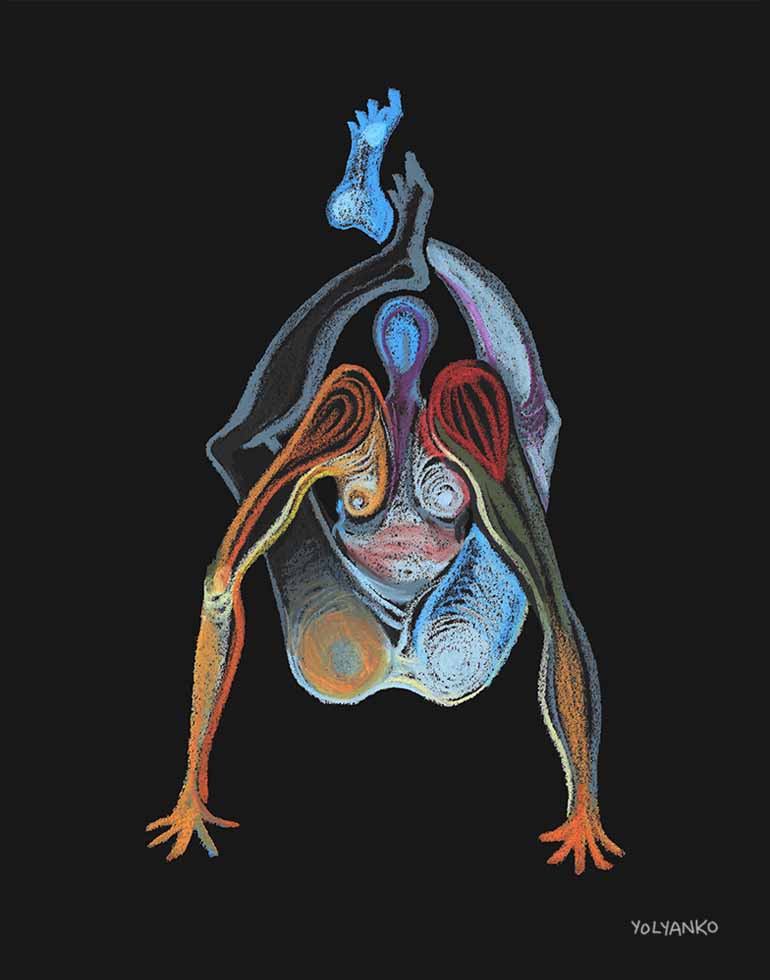 Art Print. Graphikasana, v, black background, balance, Legs behind head arm balance (Dwi Pada Sirsasana), Art by Yolyanko