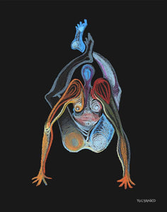 Art Print. Graphikasana, v, black background, balance, Legs behind head arm balance (Dwi Pada Sirsasana), Art by Yolyanko