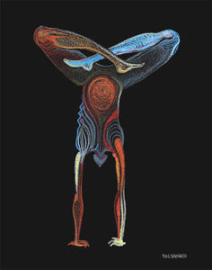 Art Print. Graphikasana, v, black background, inversion, Upward Lotus pose in downward facing tree pose (Urdhva Padmasana in Adho Mukha Vrikshasana), Art by Yolyanko