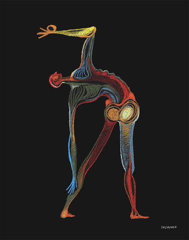 Art Print. Graphikasana, v, black background, backbends, swaying palm tree pose (Tiryak Tala-Vrikshasana), Art by Yolyanko