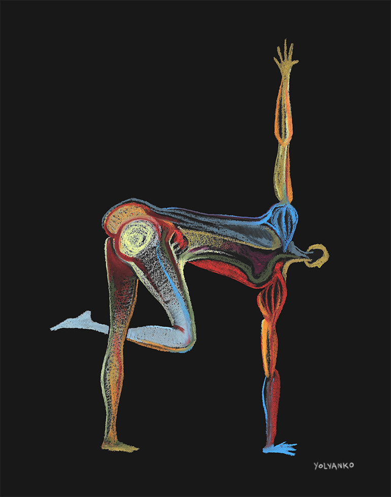 Art Print. Graphikasana, v, black background, Balance, Leg position of half Cow face pose in half Moon pose (Pada Ardha Gomunkhasana in Ardha Chandrasana) Art by Yolyanko