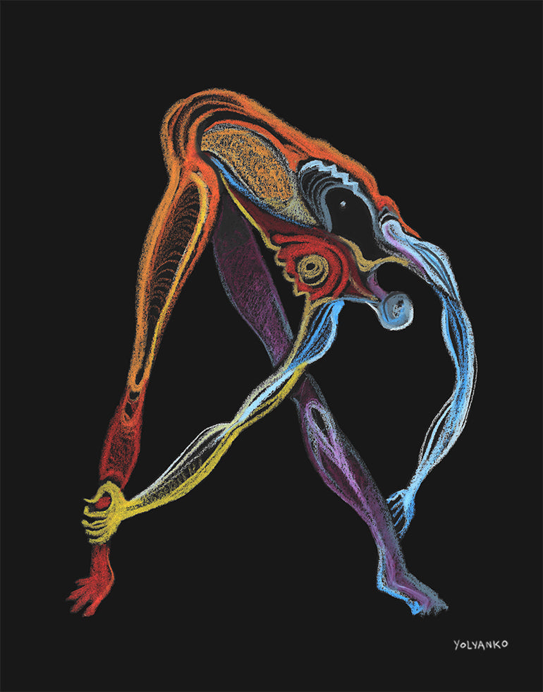 Art Print. Graphikasana, v, black background, Twist, Hands bound revolved fierce pose (Baddha Hasta Parivritta Utkatasana), Art by Yolyanko